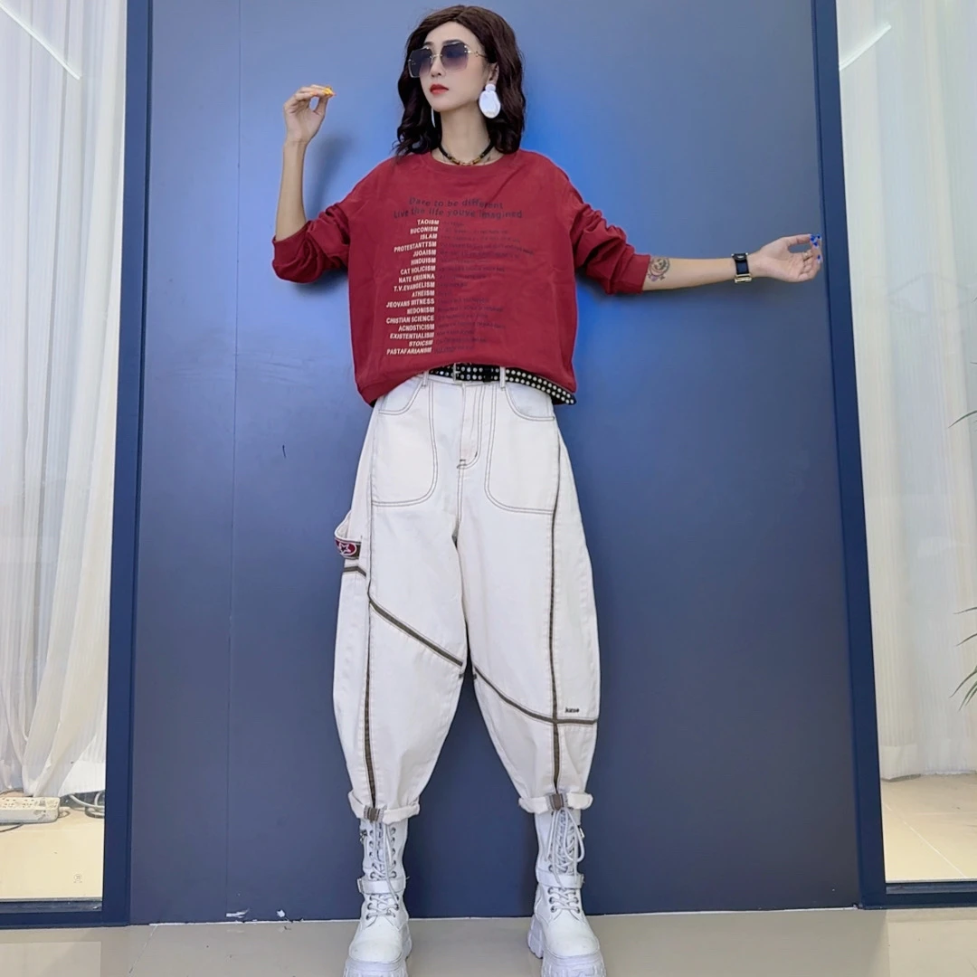 休闲韩版宽松圆领长袖百搭卫衣-拼接休闲时尚运动宽松哈伦牛仔裤