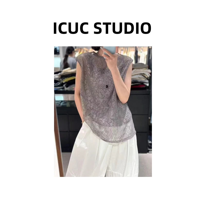 ICUC STUDIO-【立体提花刺绣镂空无袖衬衫】夏季款宽松百搭T恤99101