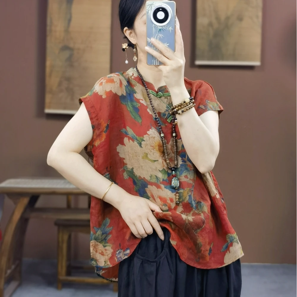 束心新中式女装新款立领斜襟盘扣苎麻印花小飞袖衬衫薄款洋气小衫