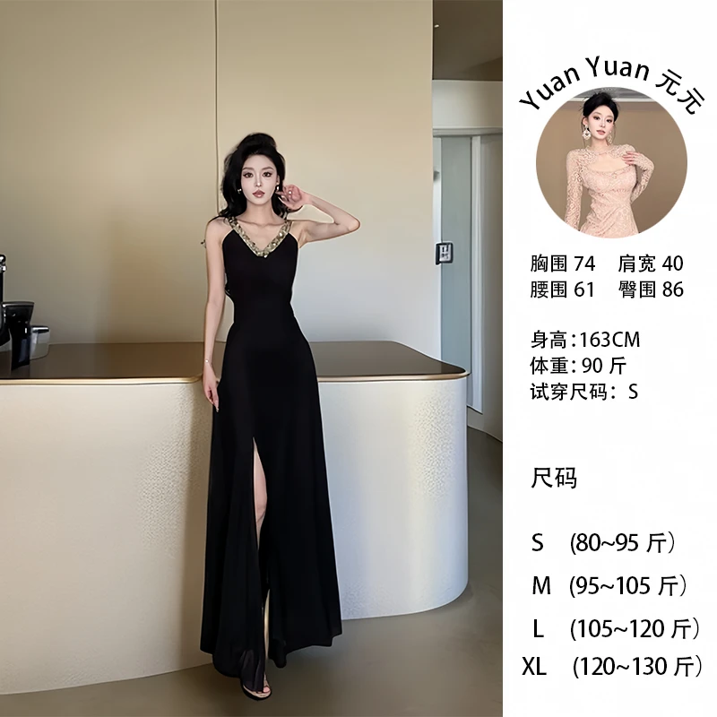 g2/F010【元元】性感时尚气质V领修身显瘦纯欲长款开叉连衣裙女