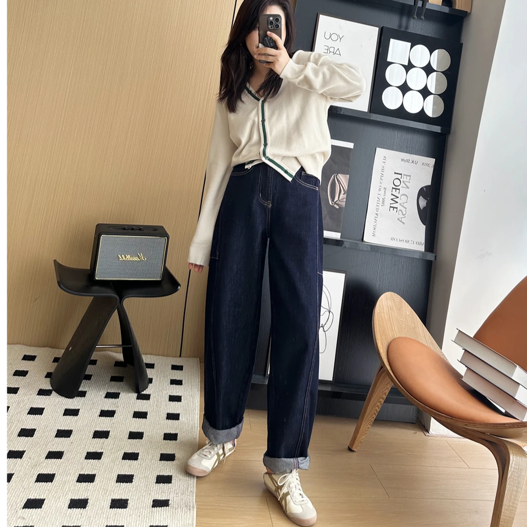 1330-复古蓝防褪色丹宁哈伦牛仔裤女梨形身材藏肉镰刀香蕉裤时尚