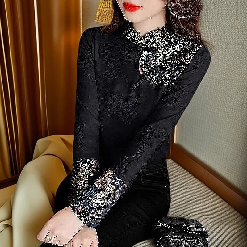 109国风中式刺绣盘扣T恤女2025新款气质洋气上衣显瘦立领打底衫