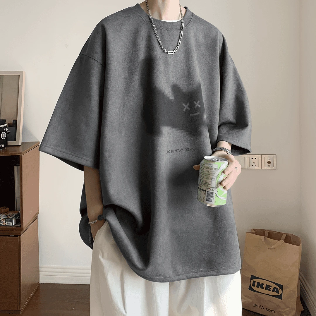 美式复古猫咪印花短袖T恤男款夏季青少年宽松大码五分袖体恤半袖