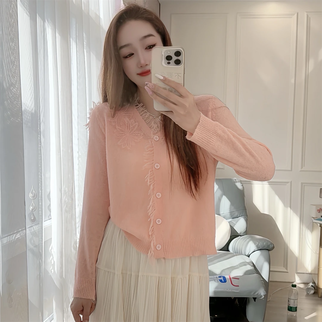 2538现货春夏女装针织衫长袖花朵流苏拼接韩版设计感气质V领外搭