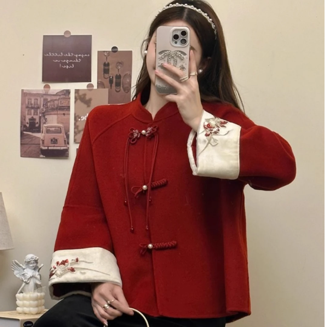 新中式红色毛呢外套女装2025新款秋冬季高级感宽松遮肉显瘦上衣