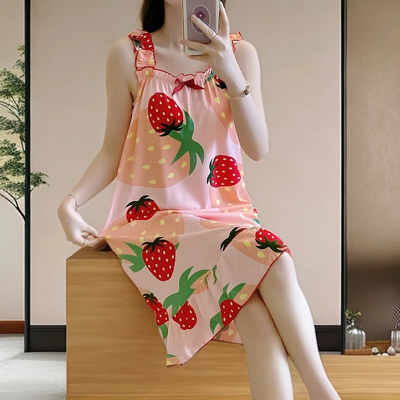 夏天凉快吊带睡裙女薄款韩版宽松印花公主风夏天中长款睡裙家居服