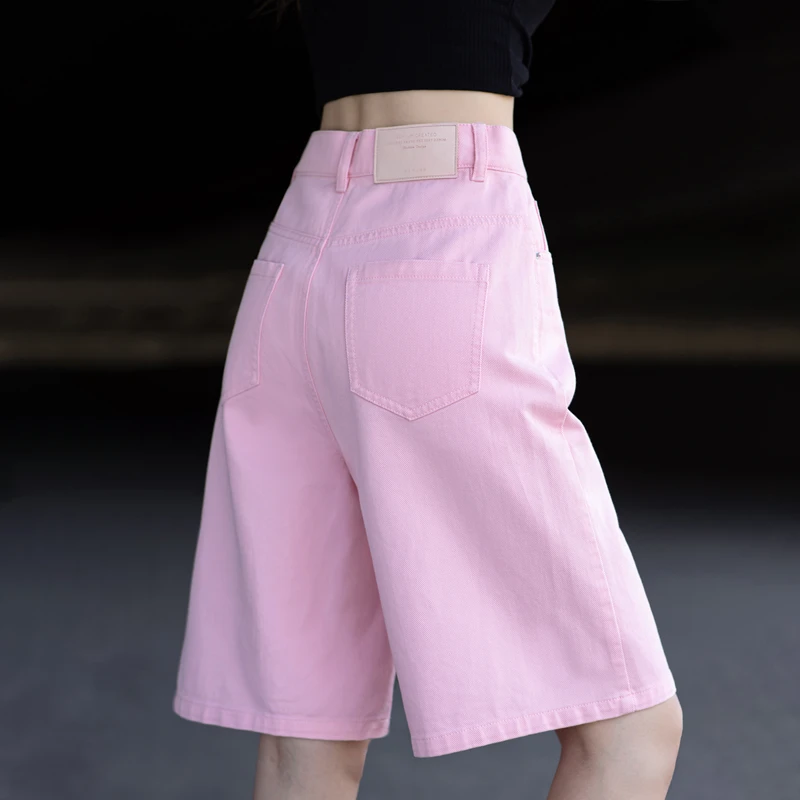 多巴胺粉色牛仔裤女2025新款短裤女外穿夏季薄款五分裤直筒阔腿裤