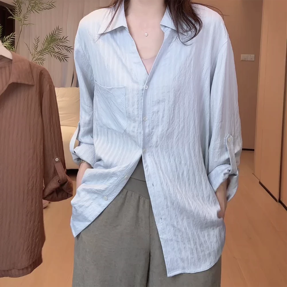 B 秋季松弛V领通勤休闲宽松高级感翻领衬衫上衣C5937