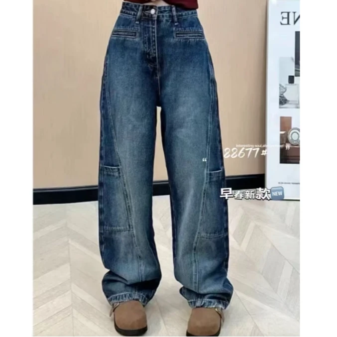 88677牛仔裤普洗潮酷弯刀拼接设计水洗做旧长裤