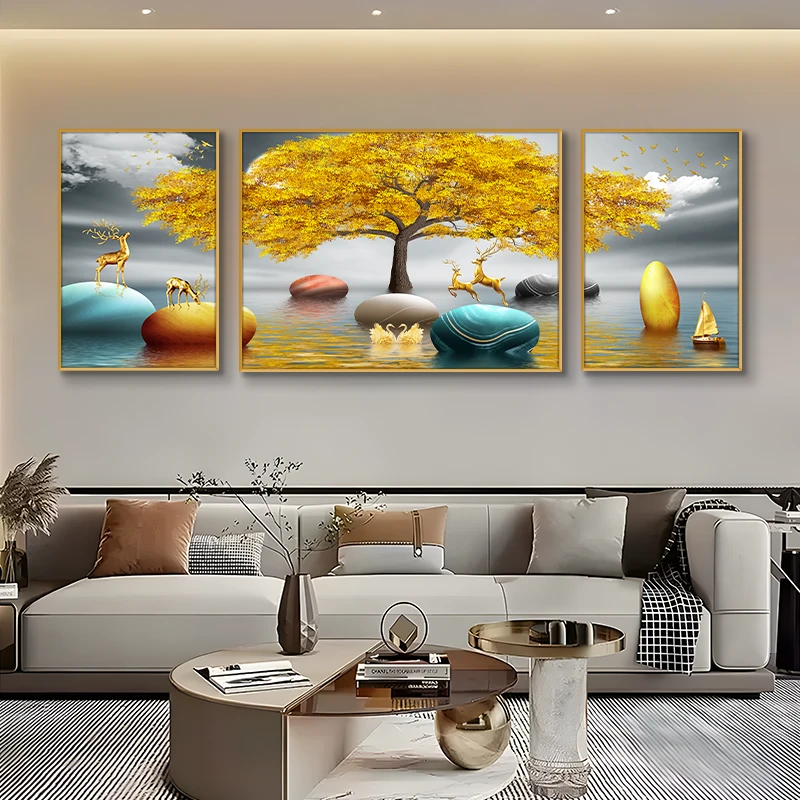 现代客厅装饰画沙发背景挂画高档精致三联画