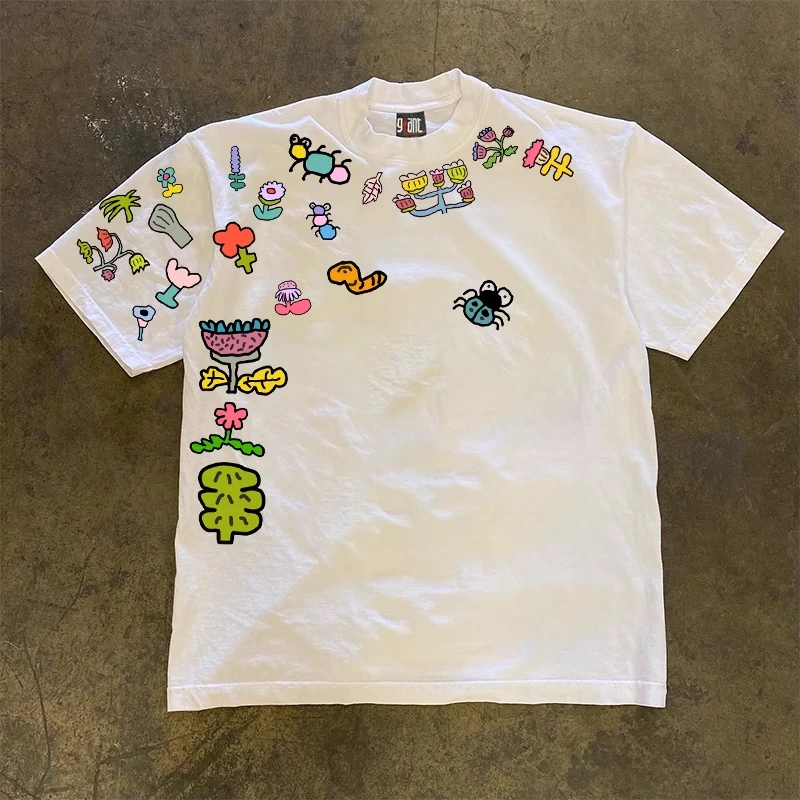 230g美式重磅不透昆虫植物印花ins时尚小众款男女纯棉宽松短袖t恤