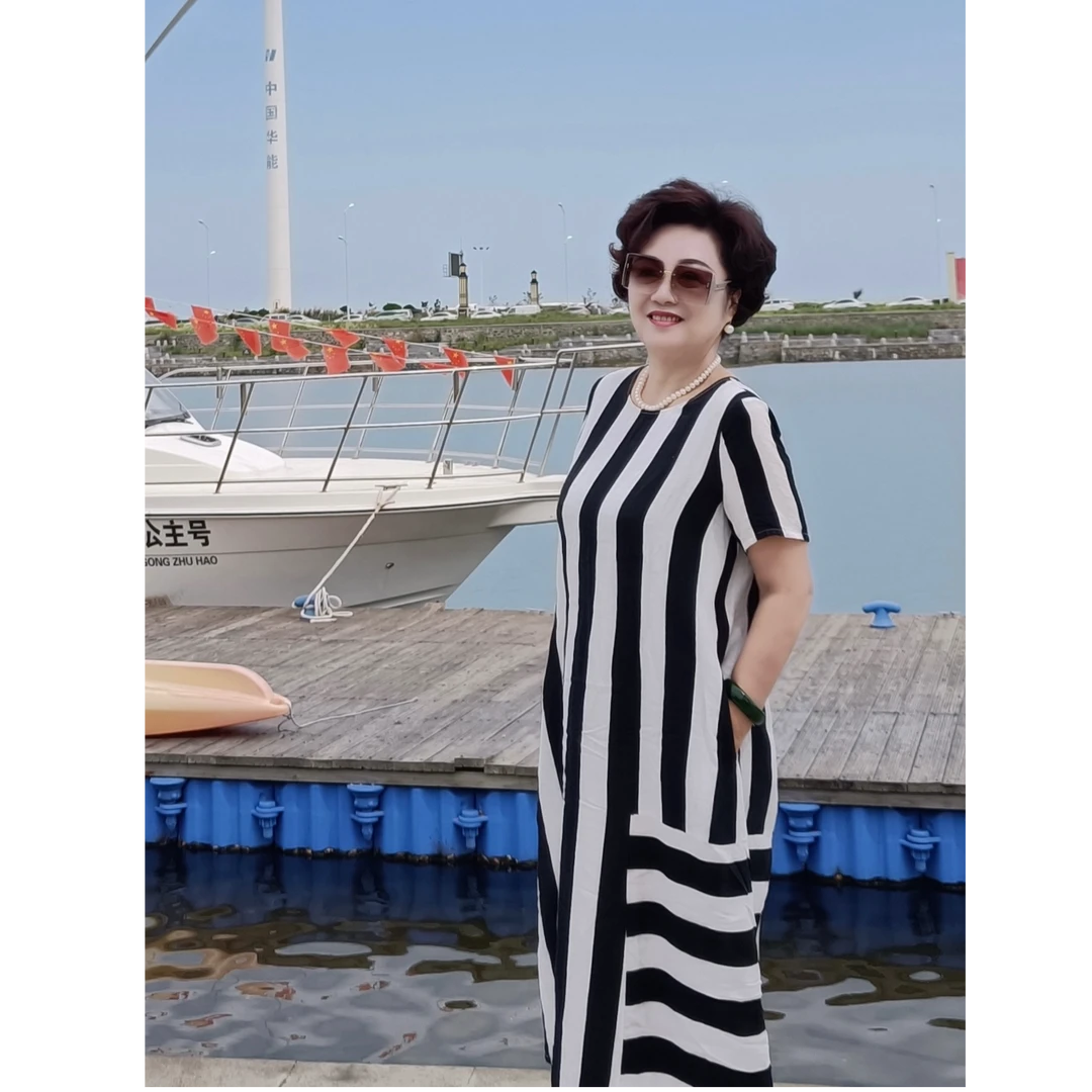 条纹夏季连衣裙裙子长裙气质圆领