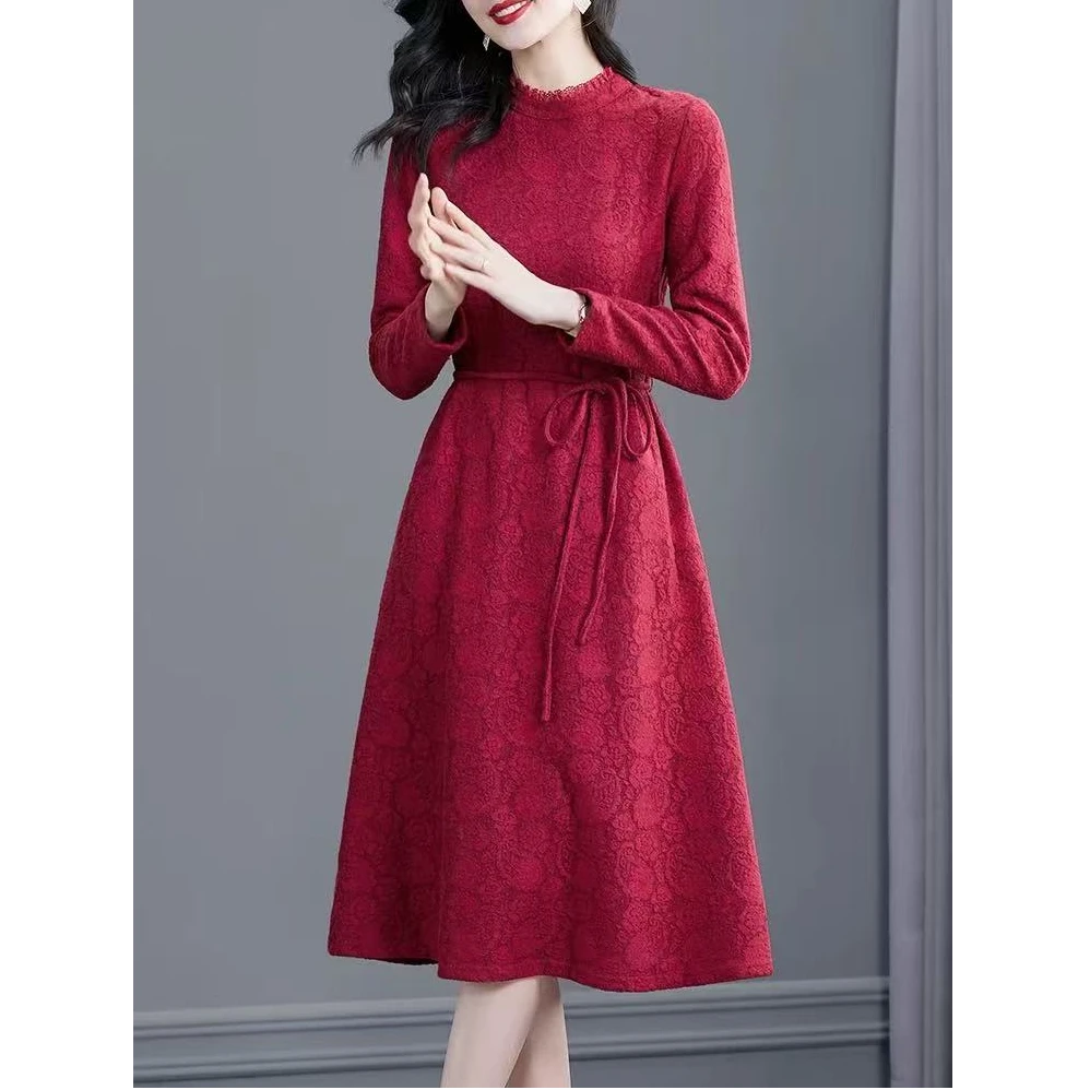 CY新中式腰果花A字裙气质蕾丝提花连衣裙