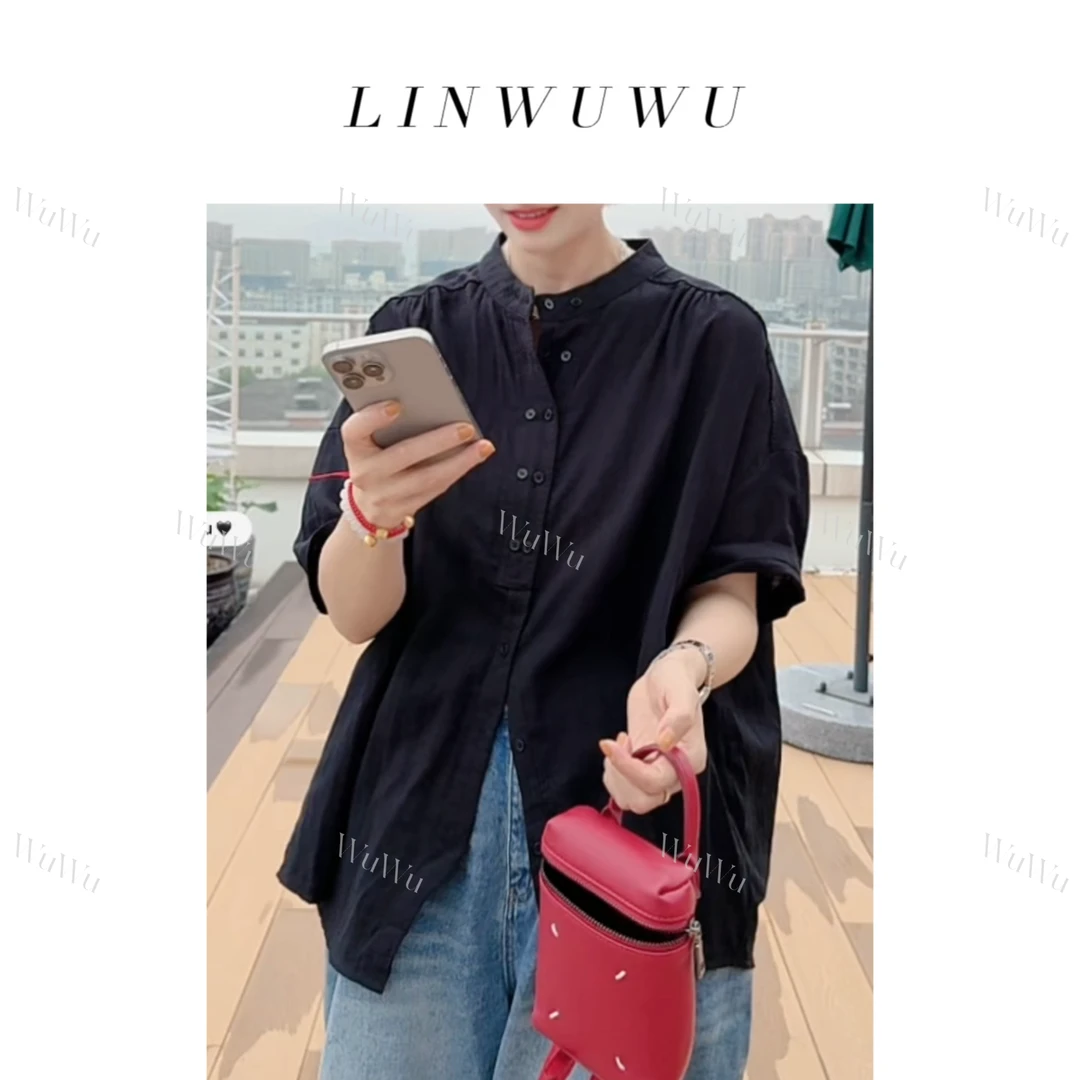 【五五定制】2025新款—夏季时尚潮流舒适双排扣设计圆领衬衣