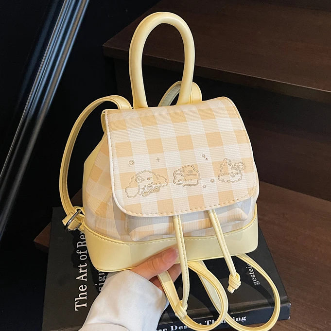 印花ins洋气时尚格子甜美双肩包抽带