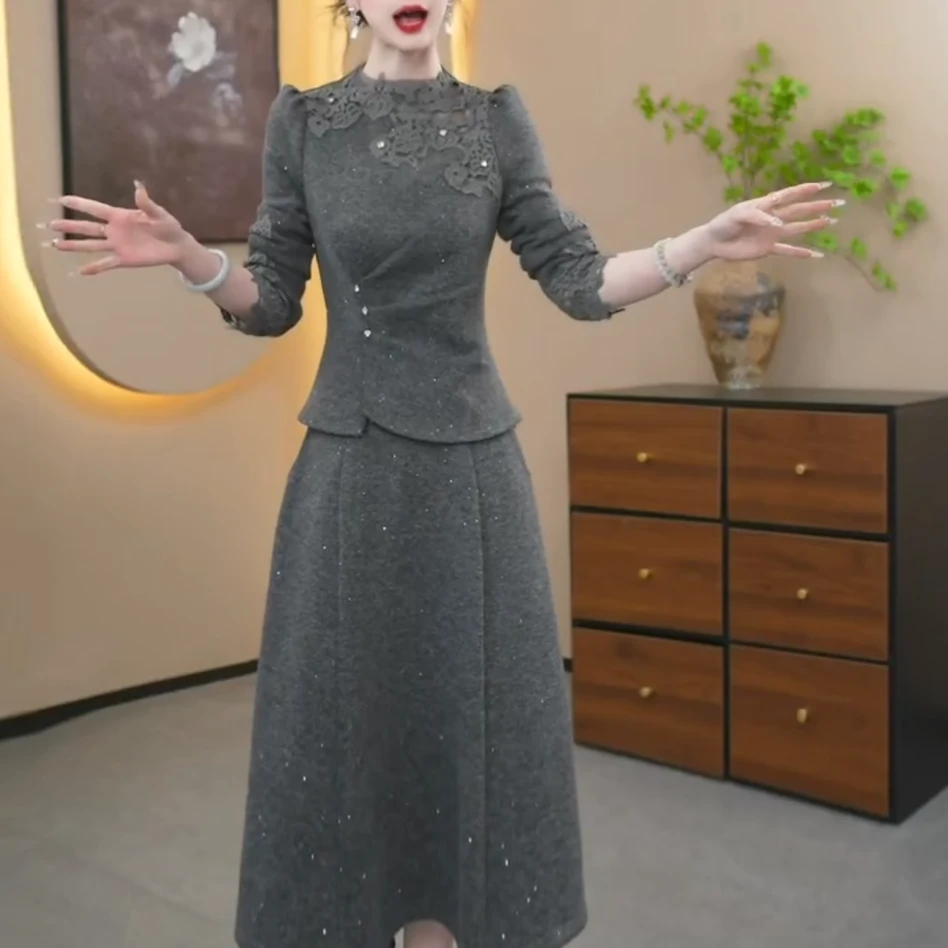 上衣+半身裙显瘦套装小香风气质时尚中长款修身加厚套装裙