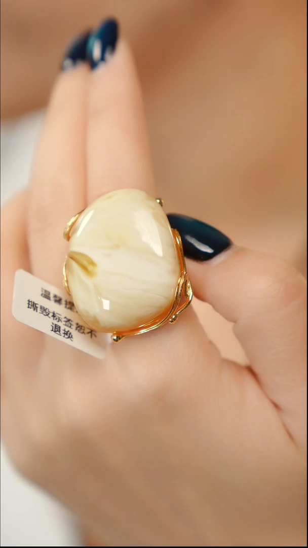 银S925镶嵌蜜蜡戒指津*孤品白蜡戒指