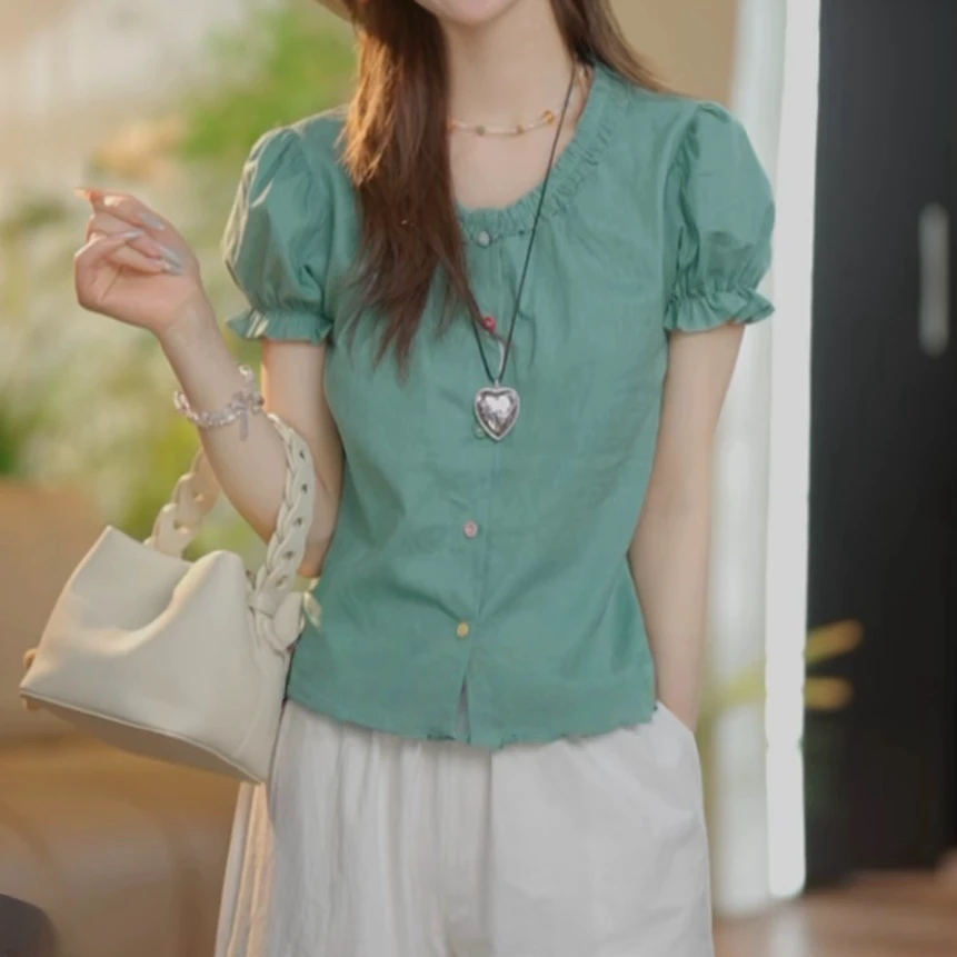 法式木耳边收腰短袖衬衫上衣女2025夏季新款宽松显瘦上衣时尚休闲