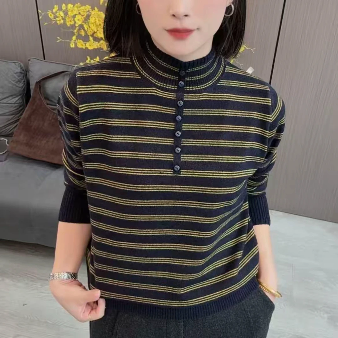 冬季新款条纹针织衫半高领长袖毛衣百搭保暖细条纹休闲上衣打底衫
