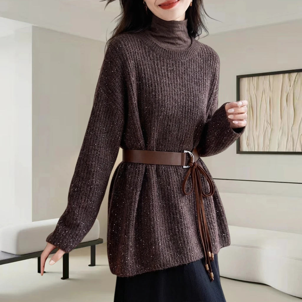 2025秋冬新款女收腰显瘦系带套头毛衣咖色慵懒风重工亮片针织衫