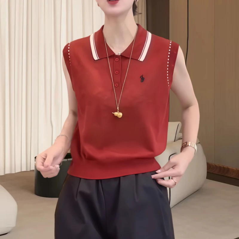高级感简约撞色刺绣polo领坎肩无袖上衣女夏季新款极简气质针织衫