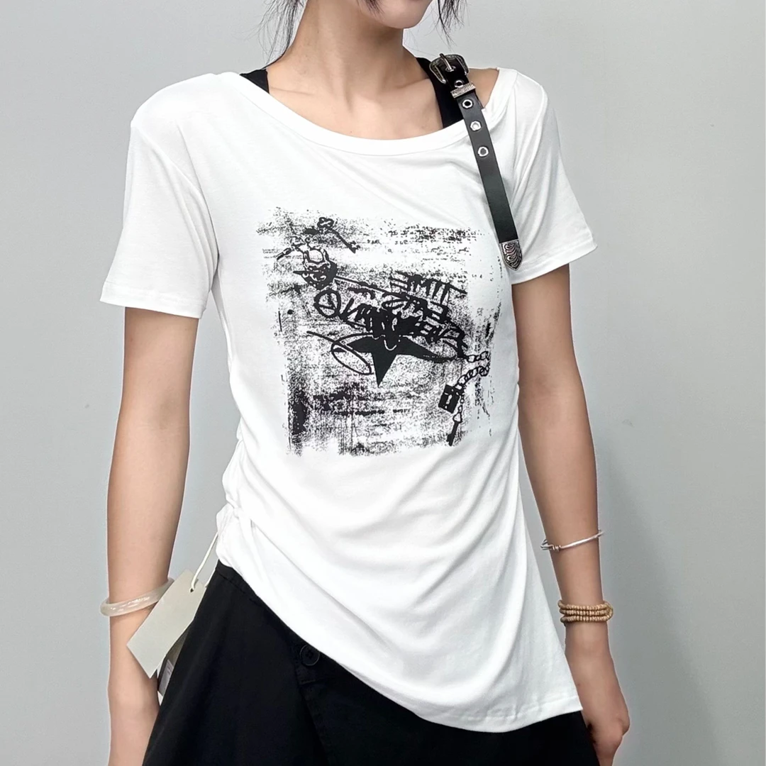 8077#韩版2025夏季新款美式斜肩辣妹字母印花短袖t恤女修身上衣