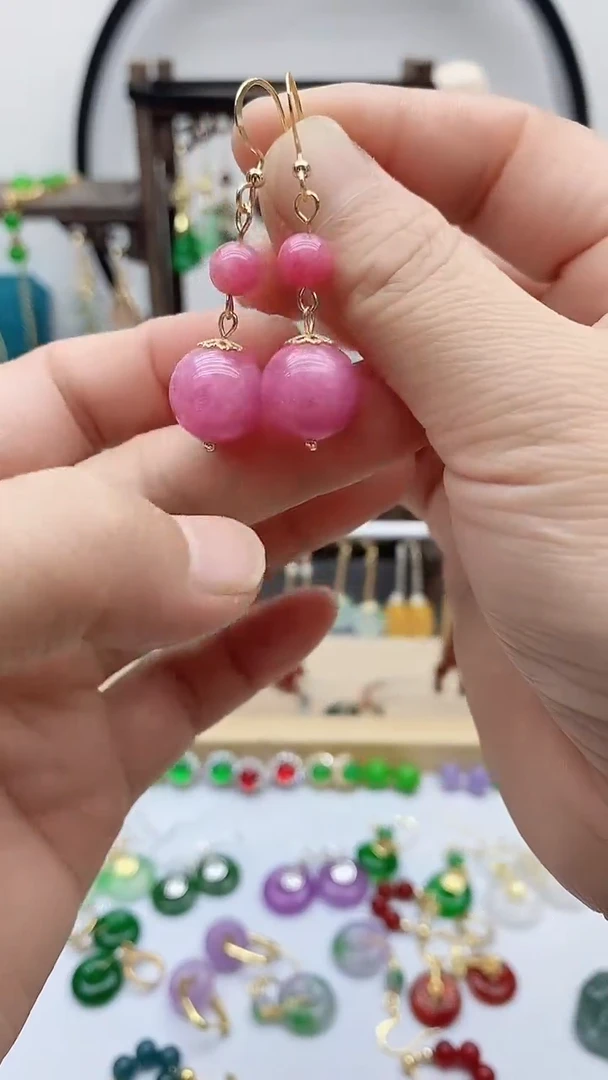 14K金镶嵌菱锰矿（红纹石）耳饰36