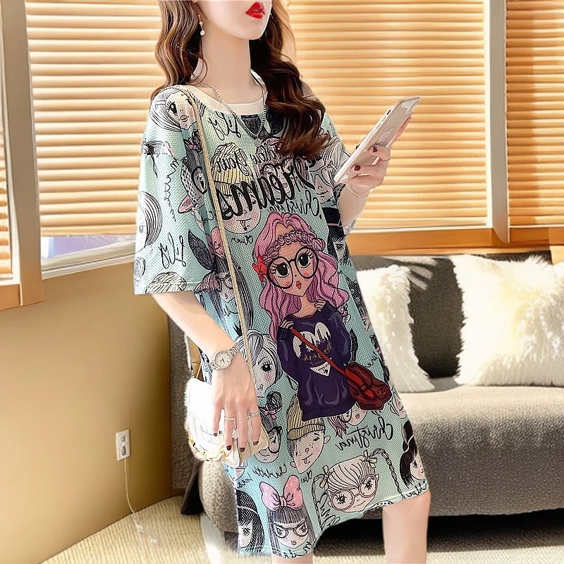 洋气减龄冰丝速干衣短袖t恤裙女中长款夏季韩版印花宽松上衣ins潮