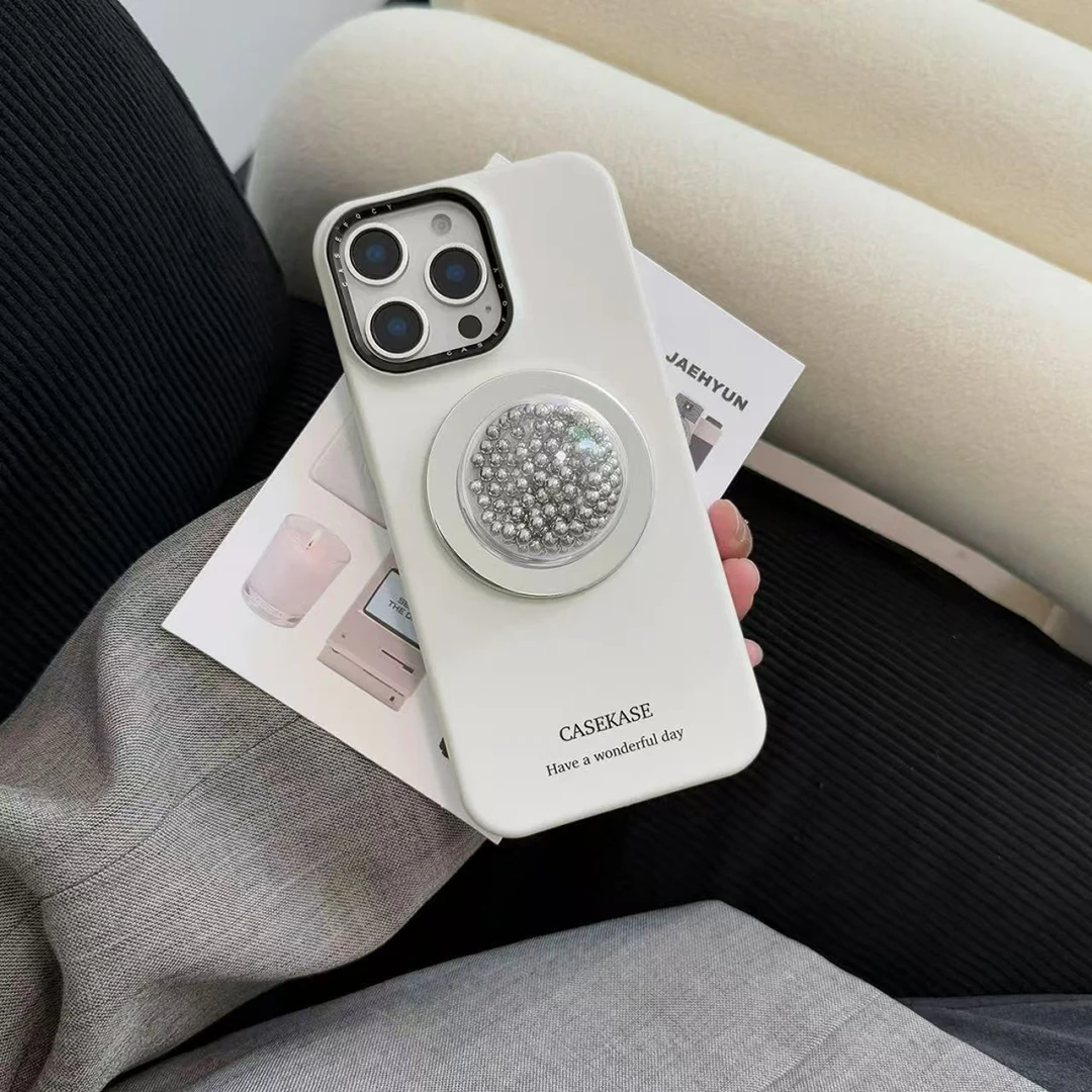 小众奶白色磁吸手机壳银珠摇摇乐支架适用iphone16手机实用配件