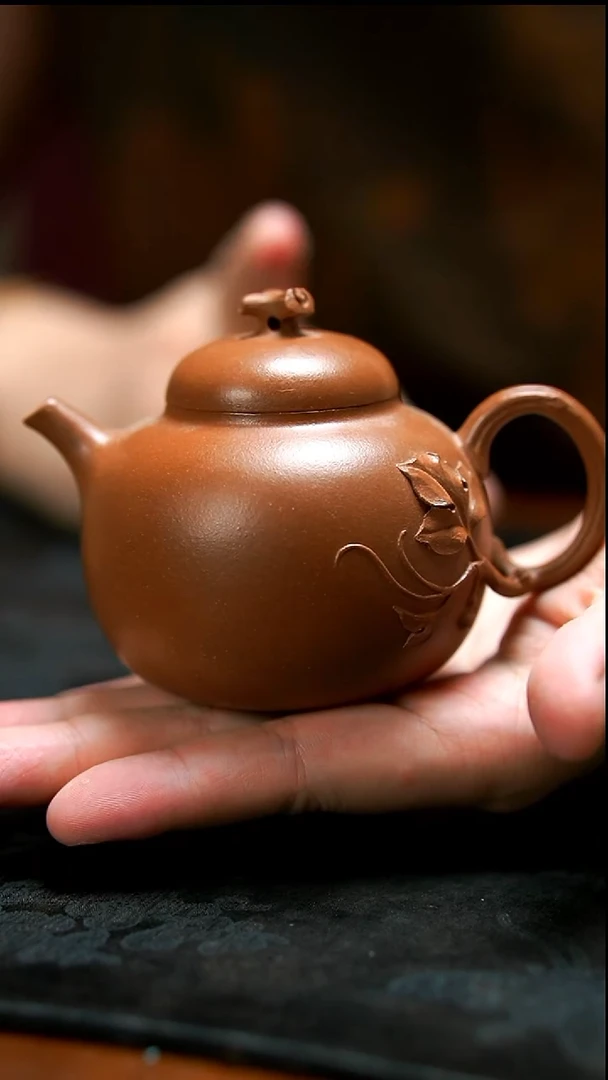 茶壶紫砂红降坡葫芦贴叶壶