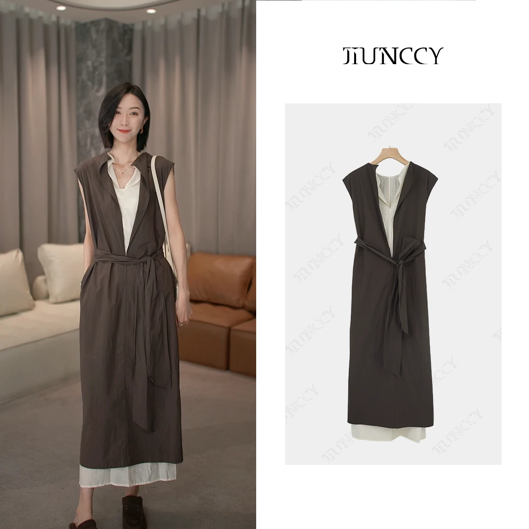 JIUNCCY【无双】纯棉假两件深V系带高定气质无袖连衣裙 24LYQ008