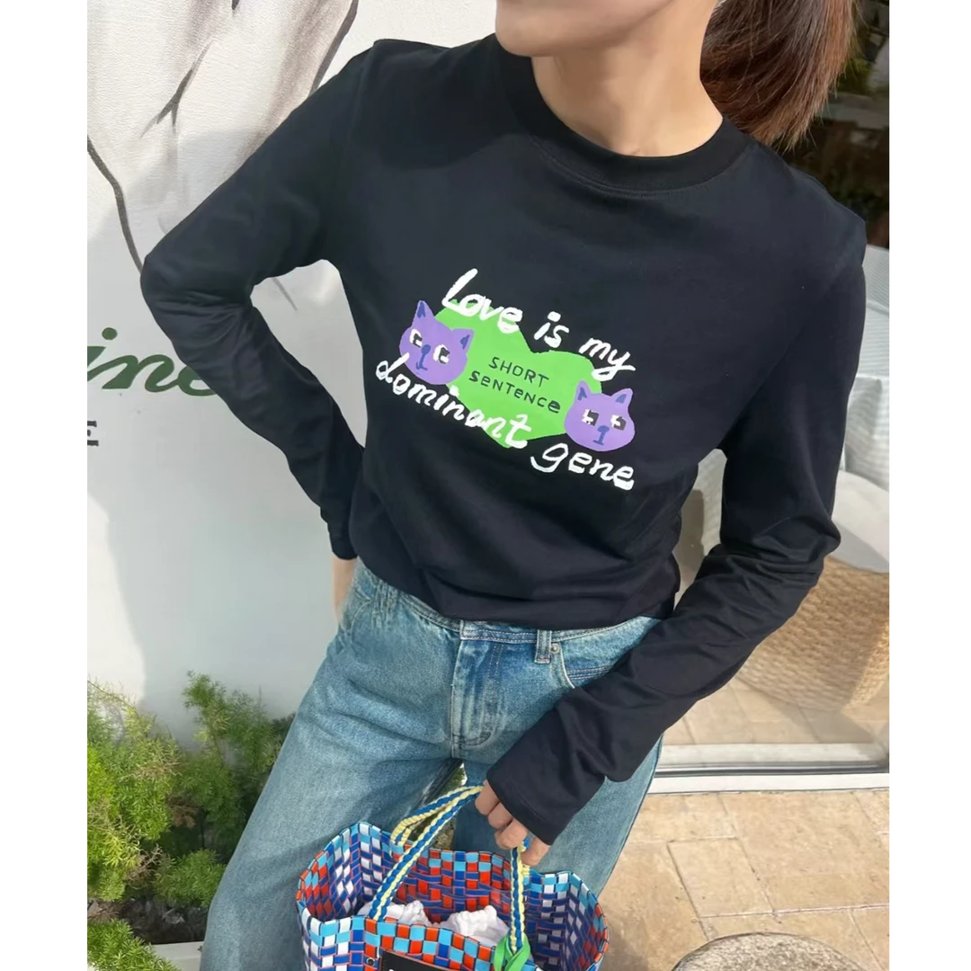 秋冬设计师款小圆领猫咪印花修身T恤