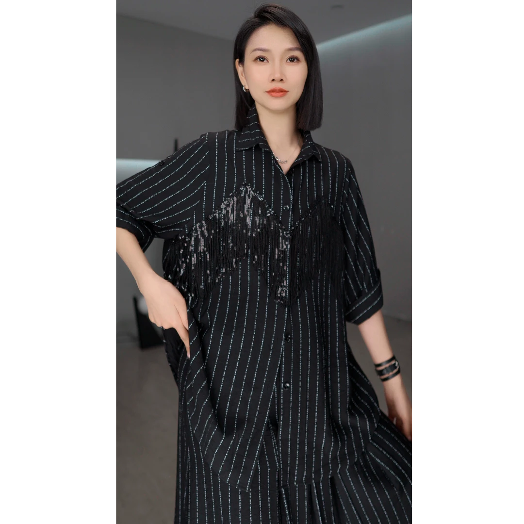 鑫鑫原创2025夏季新款条纹假两件拼接流苏设计五分袖衬衫1097