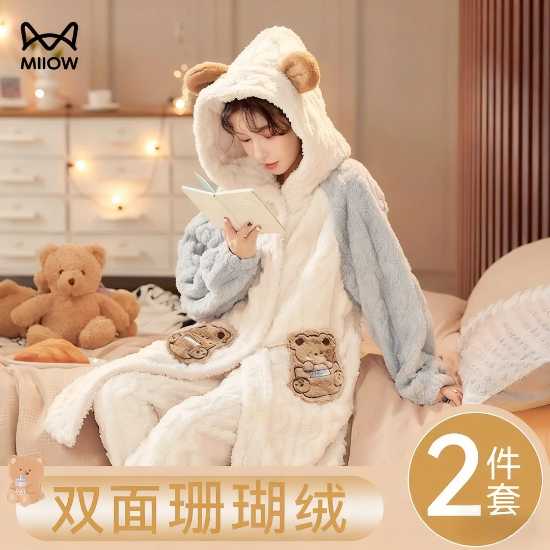 猫人珊瑚绒睡袍女秋冬季2025新款长款卡通睡衣加绒加厚家居服套装