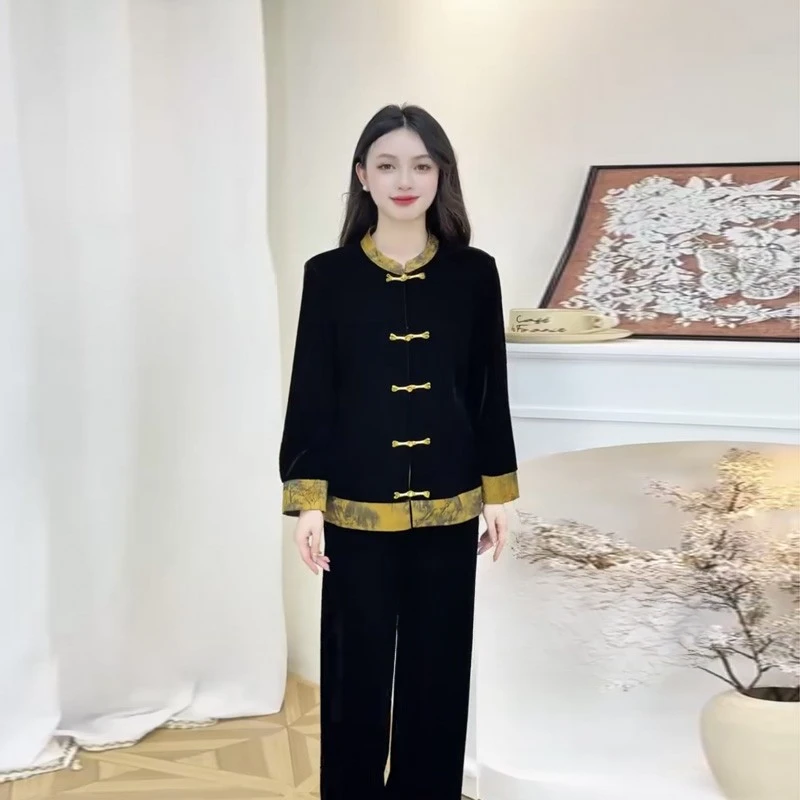 50115开衫中式外套国风拼接减龄秋季舒适丝绒盘扣唐装中老年新款