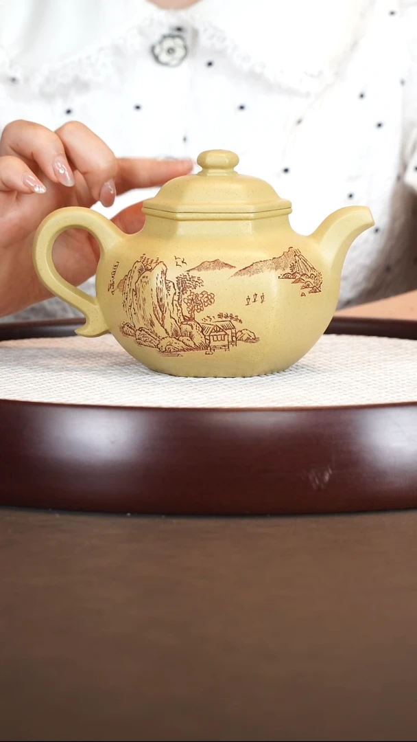 茶壶紫砂【李铭】六方莲子本山绿泥480cc+扇子