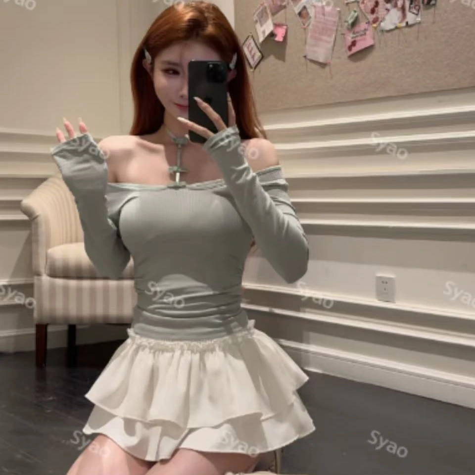 蕾丝花边蝴蝶结挂脖长袖T恤搭蛋糕蓬蓬裙#0570