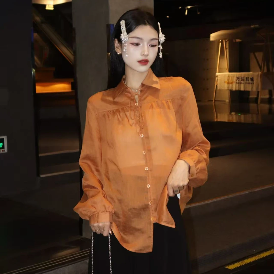 GIRDEAR/哥弟130039  新款女士气质翻领复古舒适透气飘逸长袖衬衫