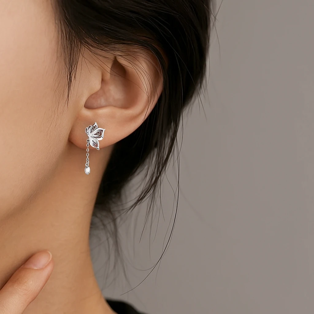 铜合金耳饰 999纯银流苏镂空蝴蝶耳钉女生2025新款设计轻奢耳环
