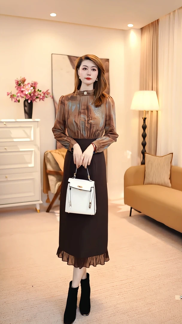 春秋季显瘦气质轻奢时尚印花衬衫撞色秋冬连衣裙 86150