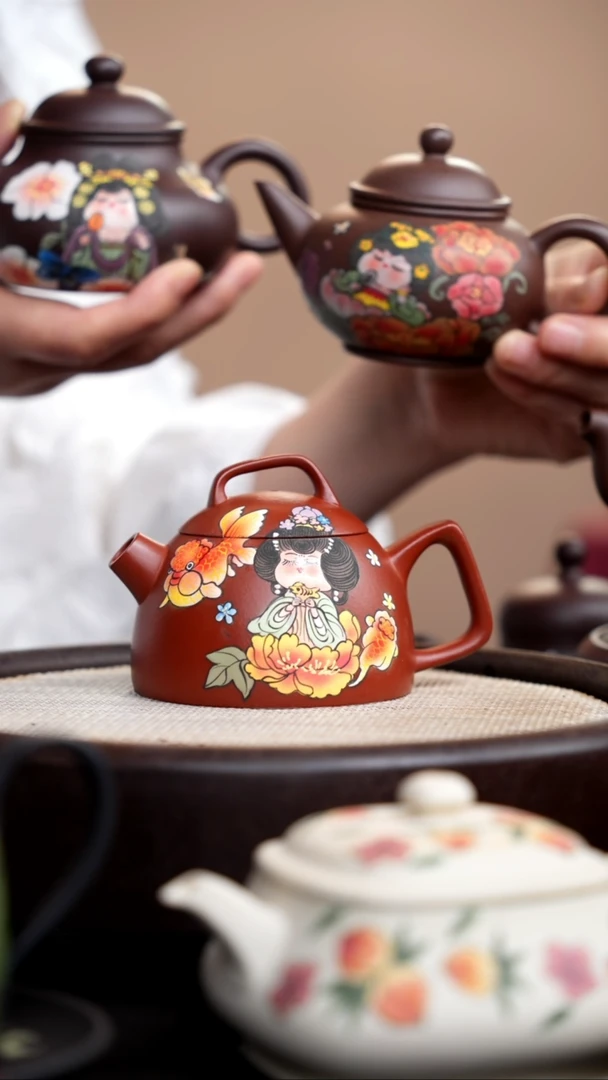 茶壶紫砂朱泥几何秦权泥绘唐美人金鱼