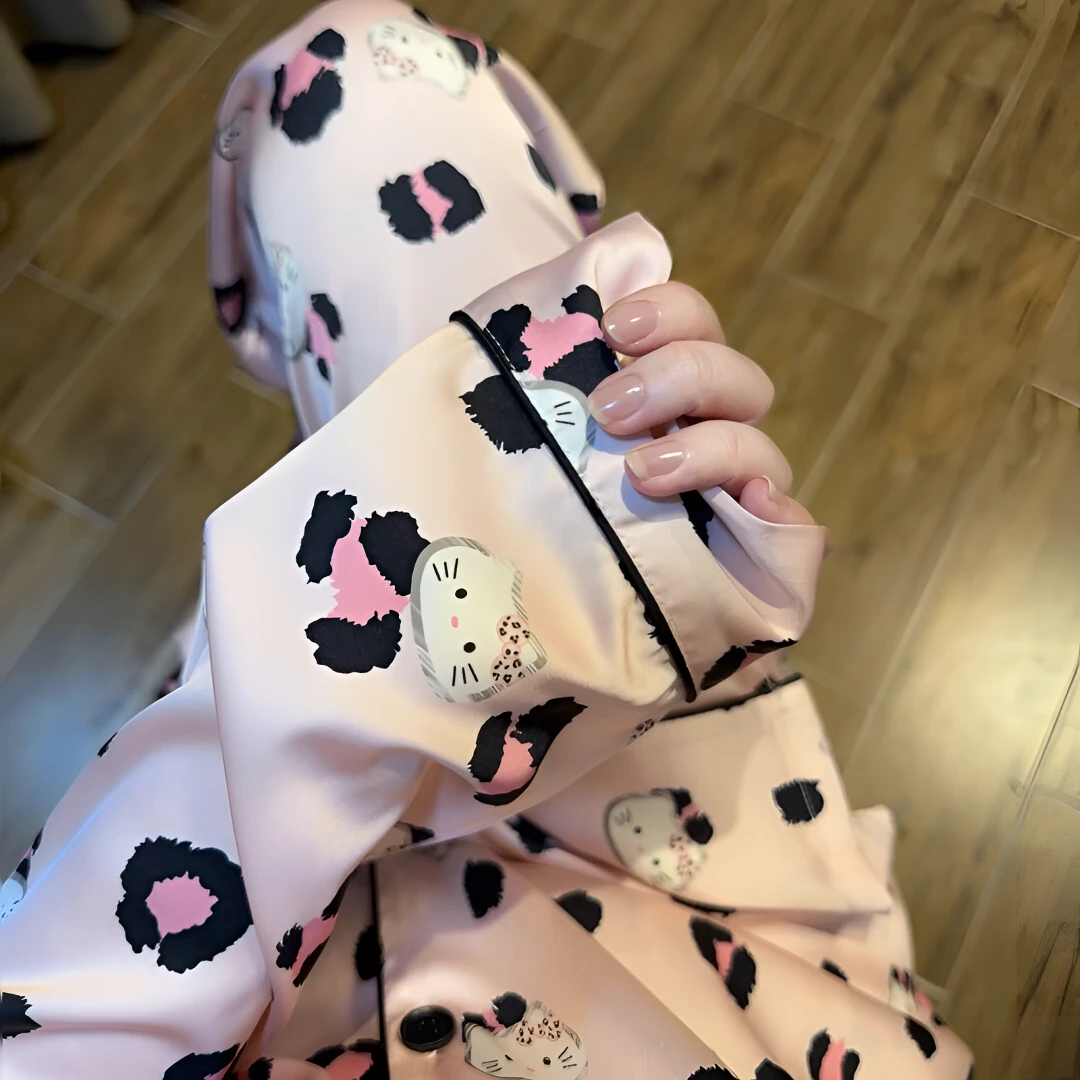 纯欲风豹纹凯蒂猫印花冰丝睡衣女春夏季2025年新款家居服套装外穿