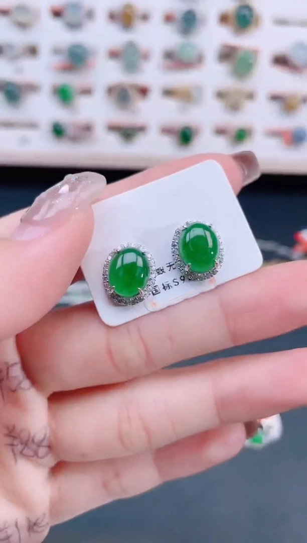 银S925镶嵌翡翠耳饰天然翡翠