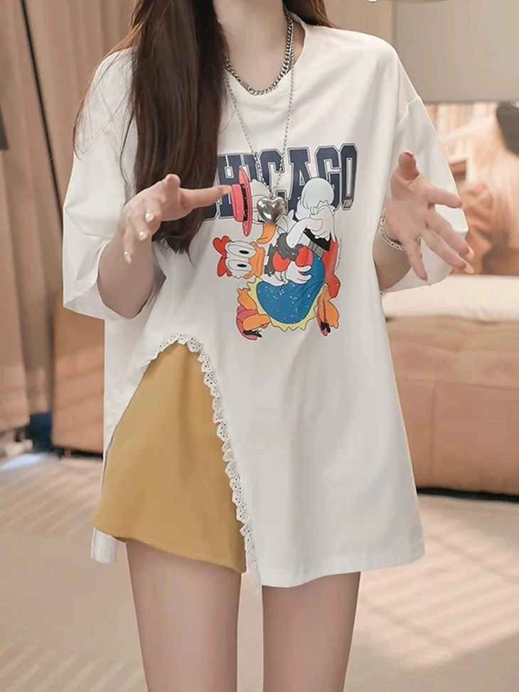 卡通跳舞鸭T恤女士2025夏季新款休闲百搭中上衣女胖mm显瘦遮肉