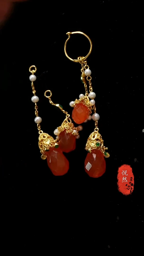 银S925镀金镶嵌耳坠玛瑙/玉髓玛瑙珍珠耳坠