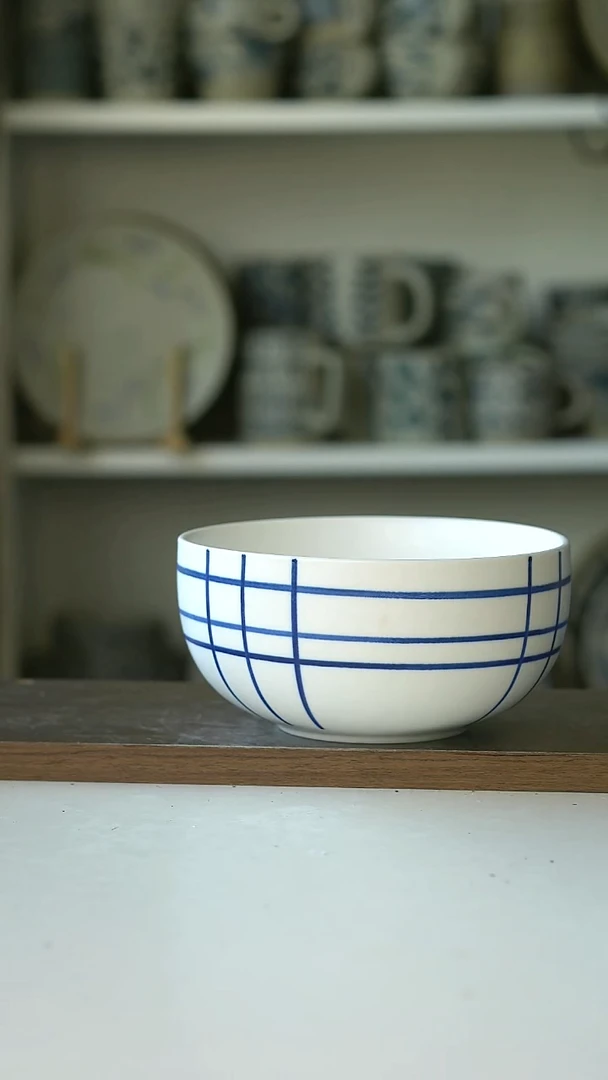 微瑕出美TG蓝白画釉条纹面碗15cm@4-2@