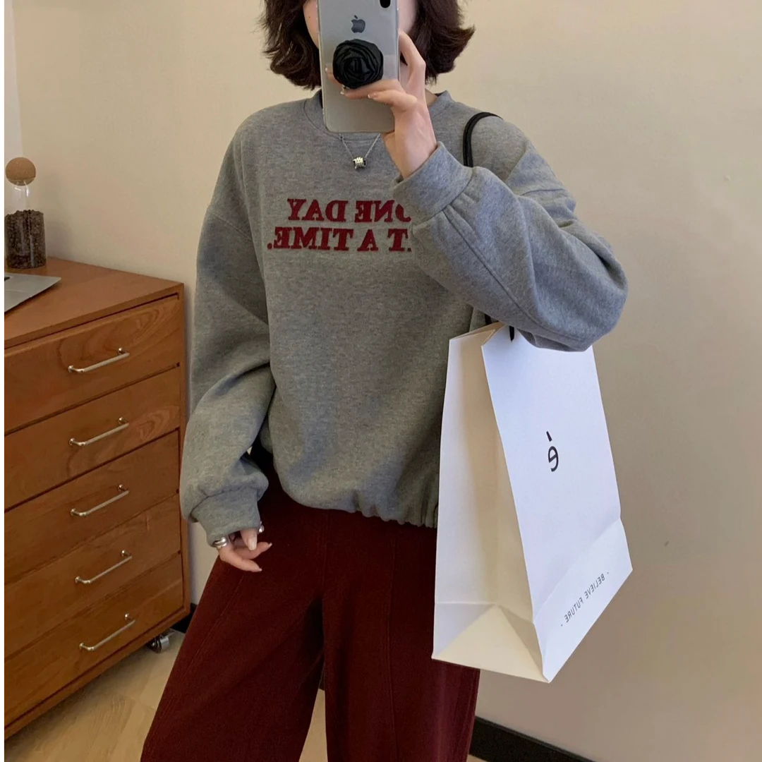 【东大门＆植绒刺绣卫衣】韩单！春季新款韩系圆领下摆抽绳字母卫衣