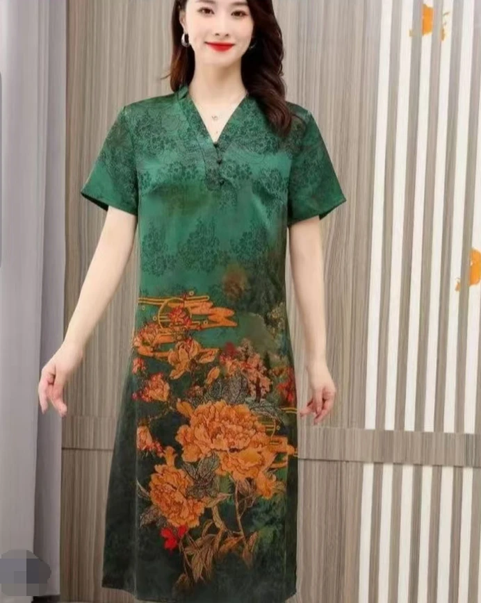 J036重段花萝贵夫人连衣裙女新款复古花色阔太太减龄高级感裙子