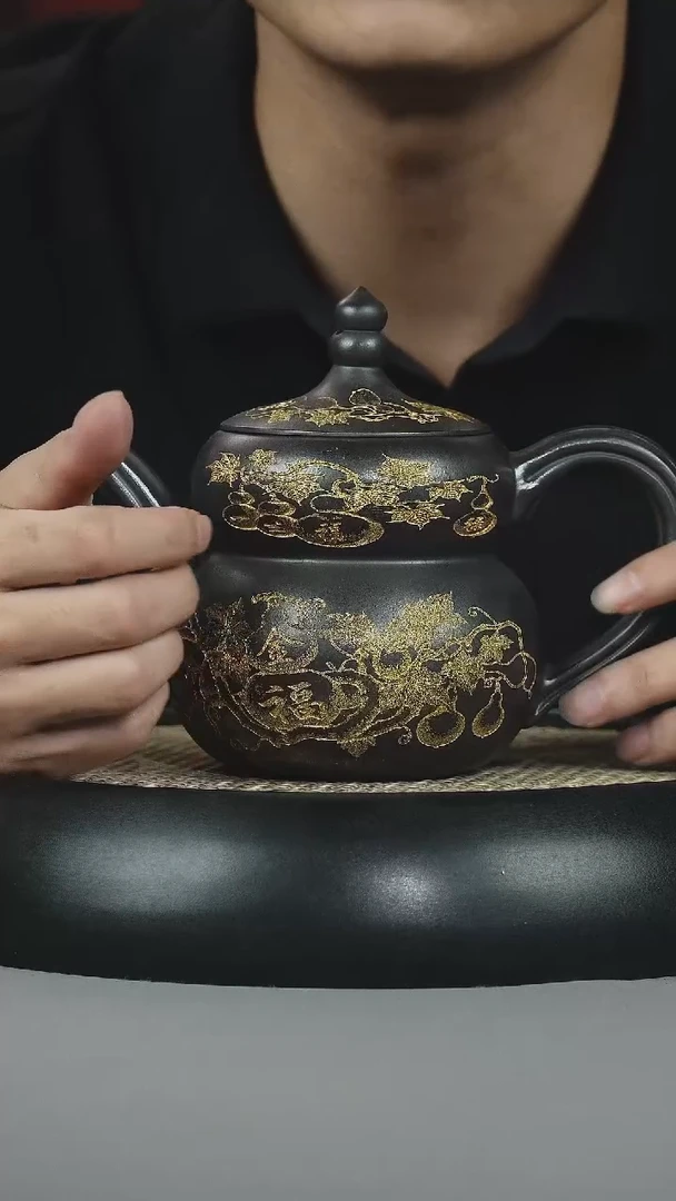 茶壶紫砂石黄 葫芦 描金