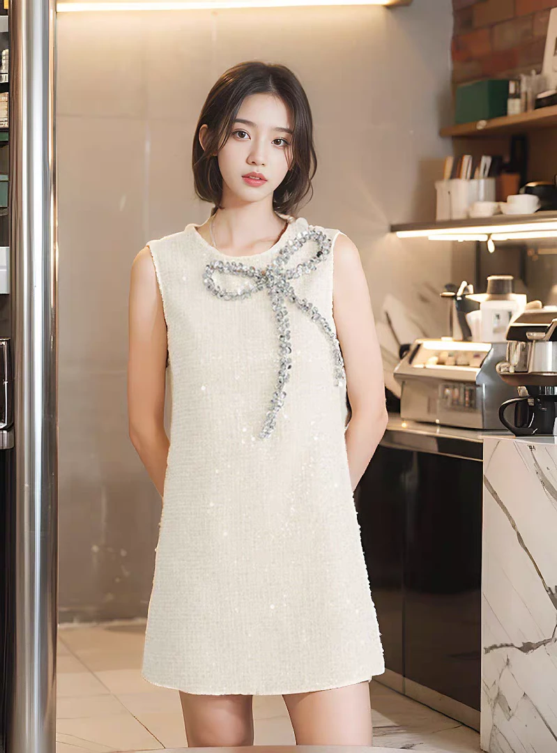 【风信幽兰】夏季小香风亮片重工设计感女装圆领女士连衣裙.G420053